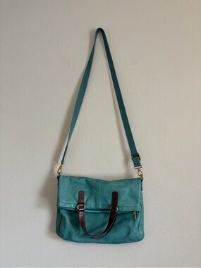 FOSSIL Explorer Leather Bag Teal Crossbody Hobo Purse Fold-over Zip
